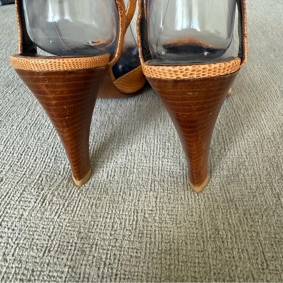 GIORGIO ARMANI Womens Croc Embossed Leather Heels Brown Tan Slingback Sz 38 1/2 - Picture 3 of 13